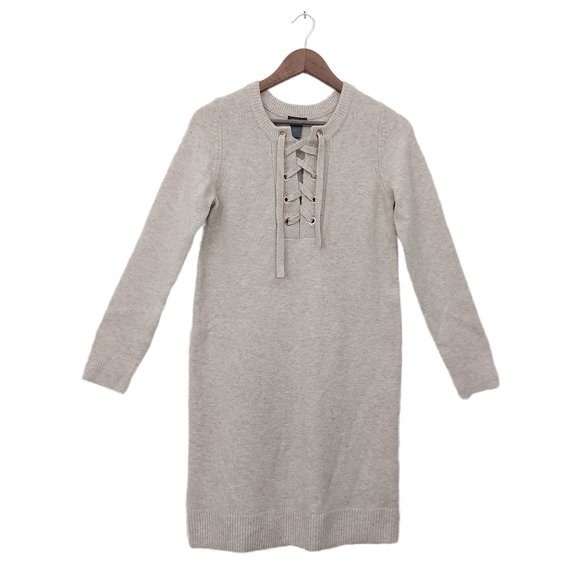 Ann Taylor Knitted Dress Womens Small Beige Shift Lace-Up Long Sleeve Wool Blend - Picture 1 of 10